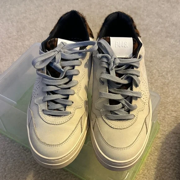 P448 Women's White and Light Gray Sneakers with Animal Print Accent - Picture 2 of 5